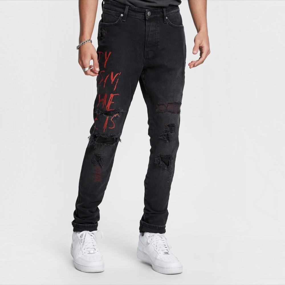 Ksubi Van Winkle Redback Trashed Skinny Jeans Black Distressed Graffiti 36